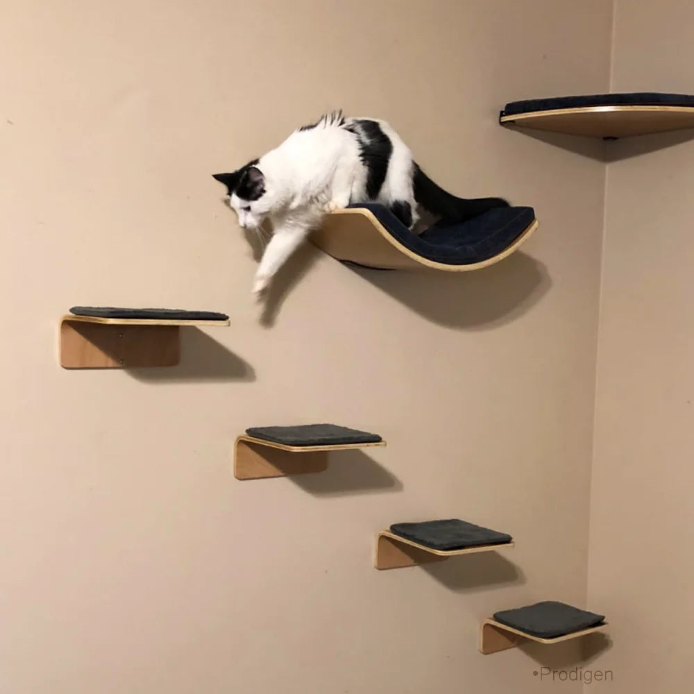 Cat Wall Mounted Climbing Wood Furniture Stairway with Hammock Cats Platform and Scratching Post for Kitten Playing and Rest