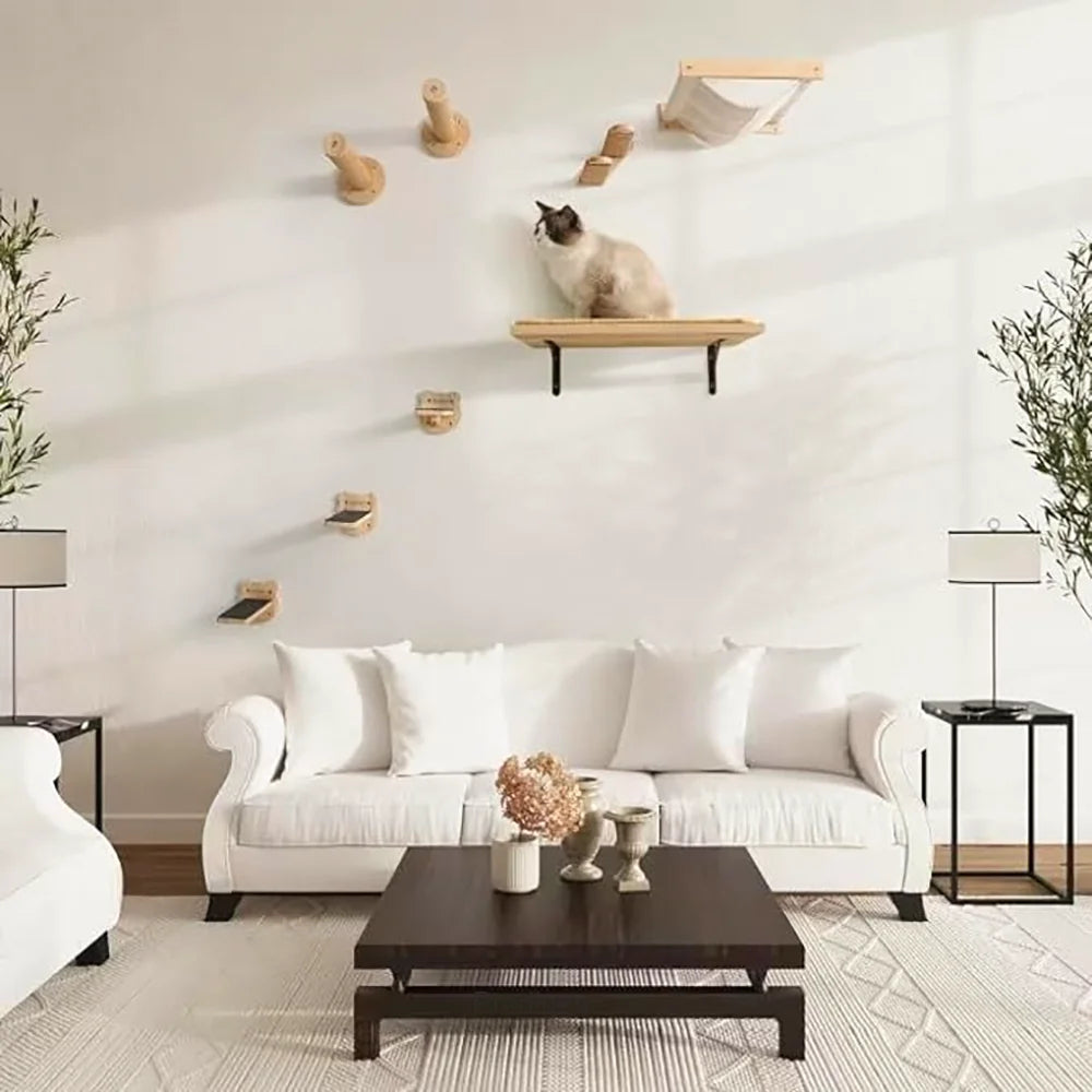 Cat Wall Mounted Climbing Wood Furniture Stairway with Hammock Cats Platform and Scratching Post for Kitten Playing and Rest